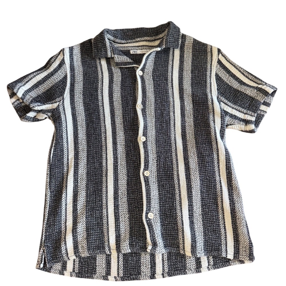Zara Knit Striped Button Down Shirt Women's Size M Short‎ Sleeve Top Navy White